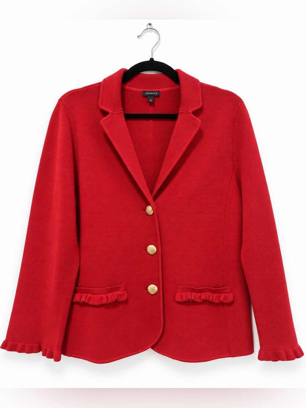 Talbots Red Knit Sweater Blazer Gold Buttons L